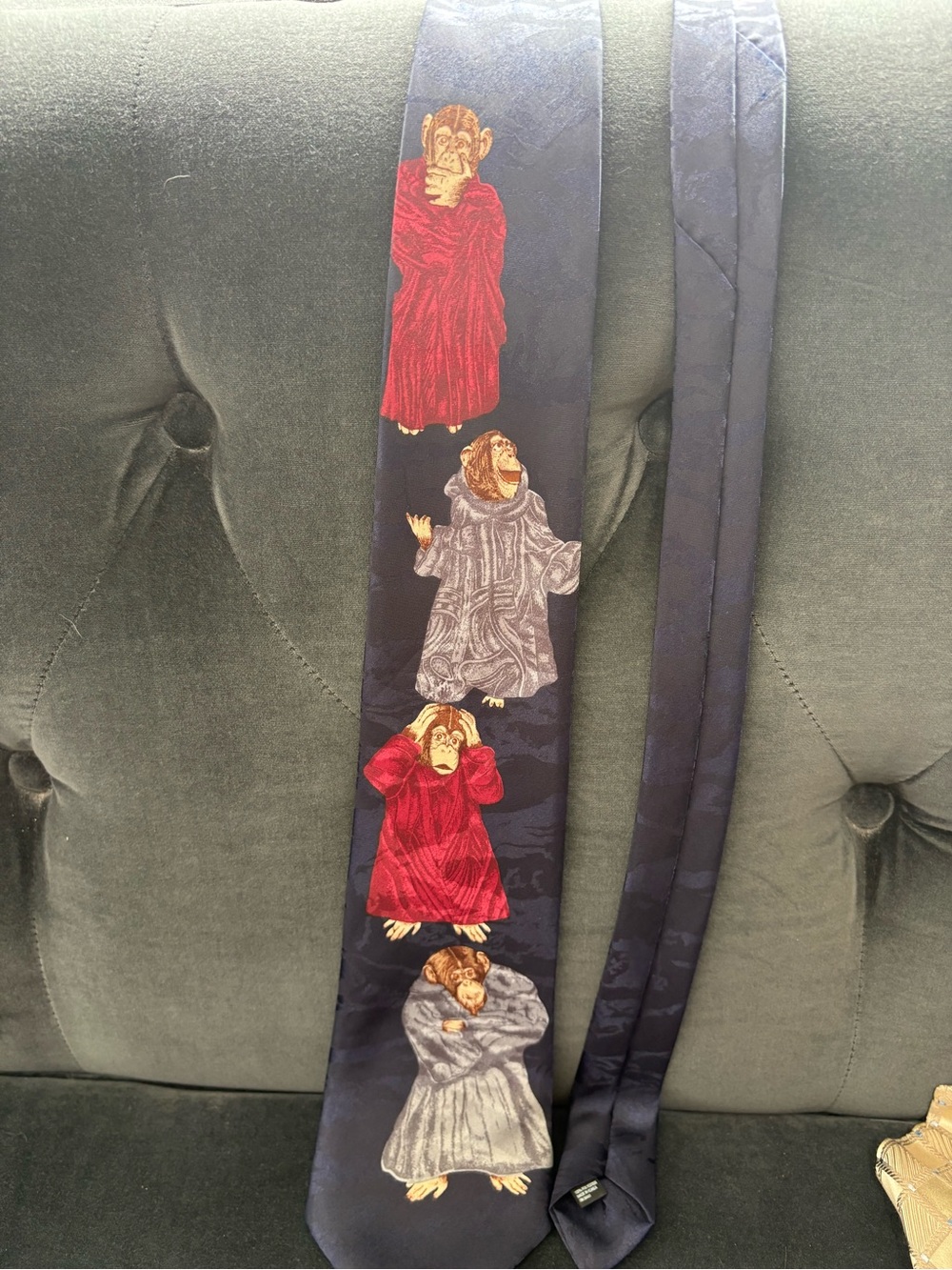 Navy Kids Tie with Red & Gray Monkey Motif